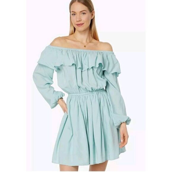 Wrangler Retro Teal‎ Off The Shoulder Long Sleeve Ruffel Dress  XL - Picture 1 of 8
